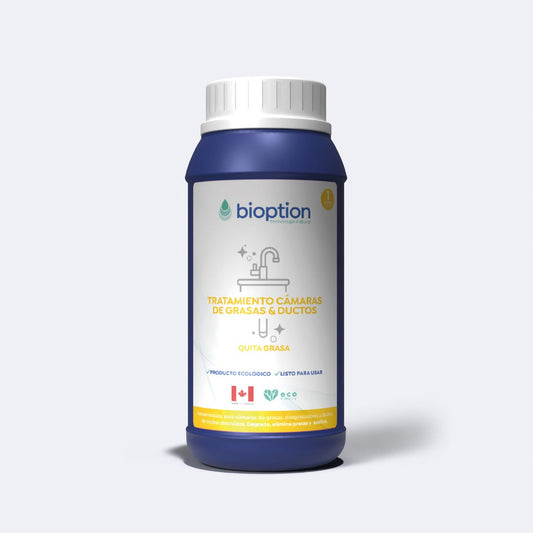 Tratamiento biológico Bioption de 1 litro para cámaras de grasa y ductos de Trini Vital Store en envase azul