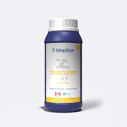 Tratamiento biológico Bioption de 1 litro para cámaras de grasa y ductos de Trini Vital Store en envase azul.