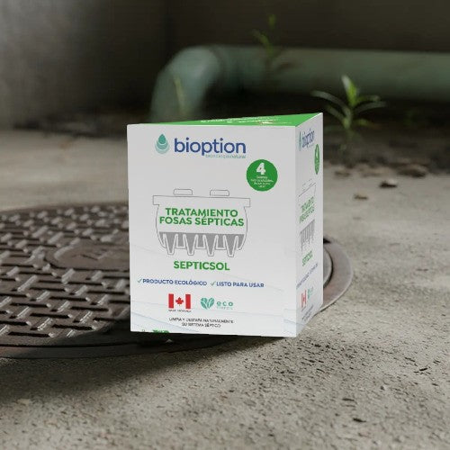 Caja de tratamiento biológico Trini Vital Store Bioption Septicsol con 4 sobres para mantenimiento de fosas sépticas.