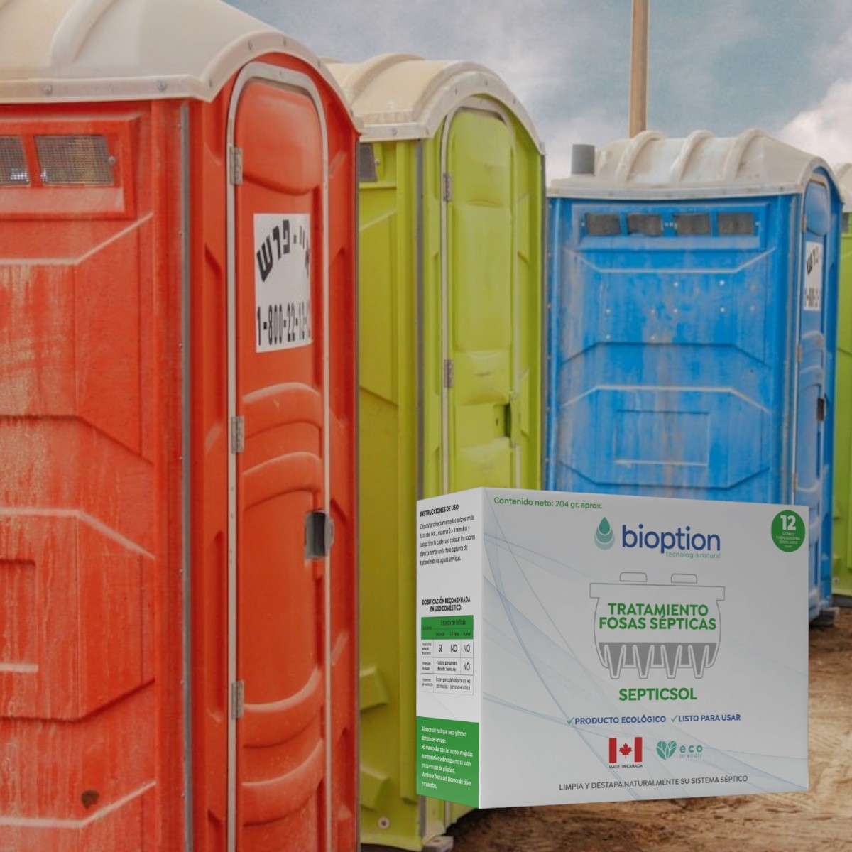 Caja de tratamiento biológico SEPTICSOL de Trini Vital Store frente a baños portátiles de colores