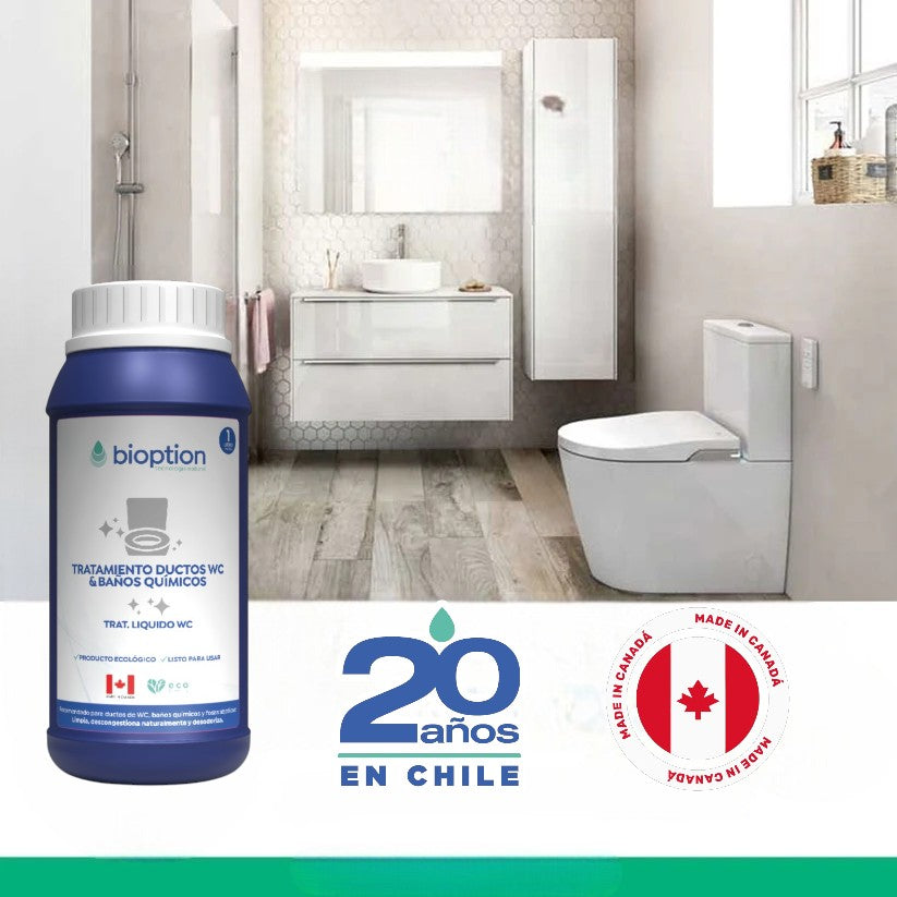 Botella de 1 litro de tratamiento líquido Bioption de Trini Vital Store para limpieza de baños químicos y WC