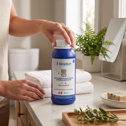Trini Vital Store Bioption tratamiento líquido para WC y baños químicos en botella de 1 litro sobre encimera de baño