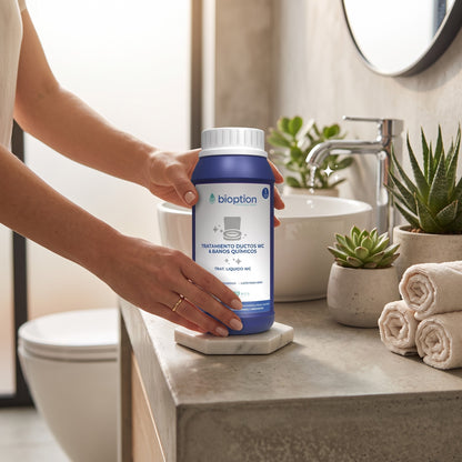 Trini Vital Store Bioption tratamiento líquido para WC y baños químicos en botella azul de 1 litro sobre encimera
